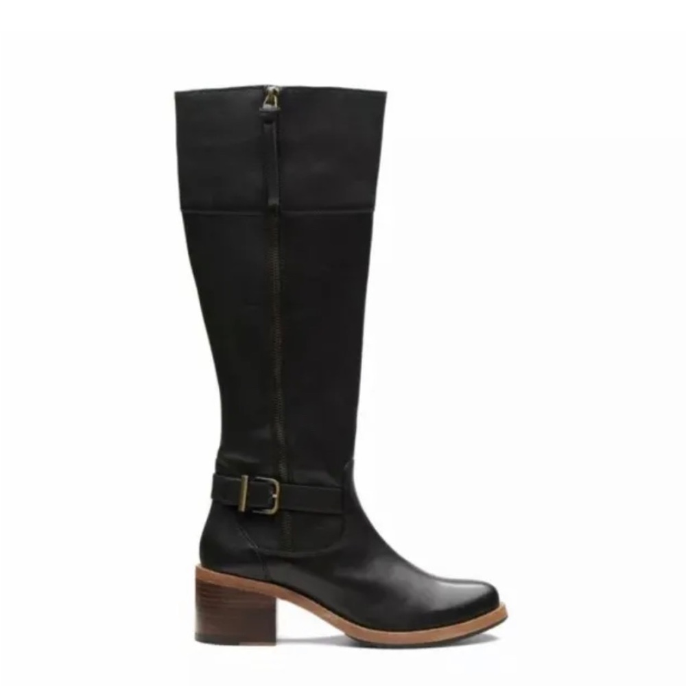 Clarks Women's Black Knee-High Leather Boots with Brown Wood Heel